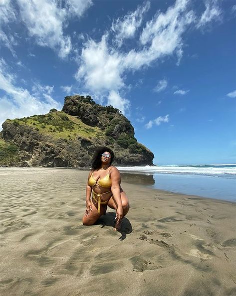 Lizzo Shows Off Her Curves in Gold Cutout Swimsuit in Sexy Beachside Photo Shoot Plus Size Poses, Swimsuit Modeling, Piha Beach, Trip To New Zealand, Gold Swimsuit, Plus Size Posing, Cutout Swimsuit, Cut Out Swimsuits, New Zealand Travel