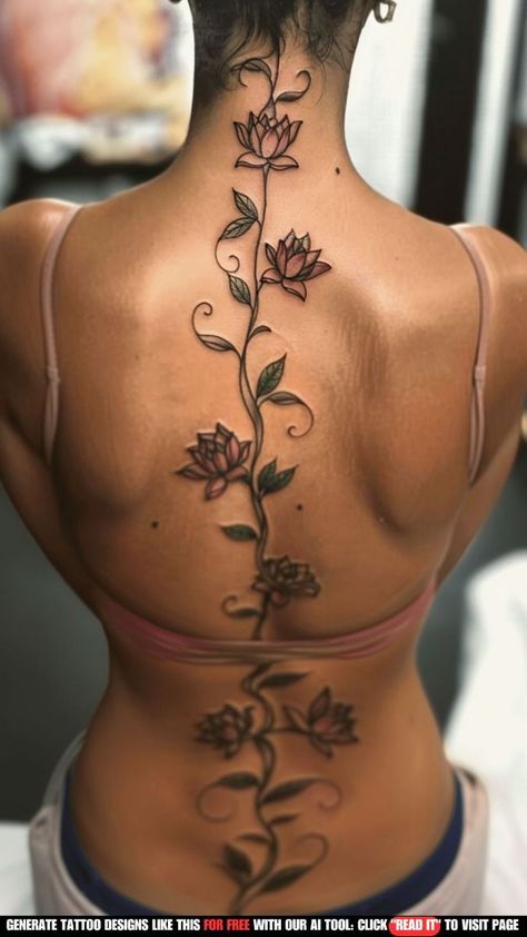 Back Tattoos Women Flower, Back Of Arm Tattoo Women Sleeve, Women Back Tattoo Ideas Unique, Best First Tattoo Ideas For Women, Big Spine Tattoos For Women, Garden Back Tattoo, 200 Tattoo Ideas, Lady Tattoos For Women, Back Tattoo Women Flower