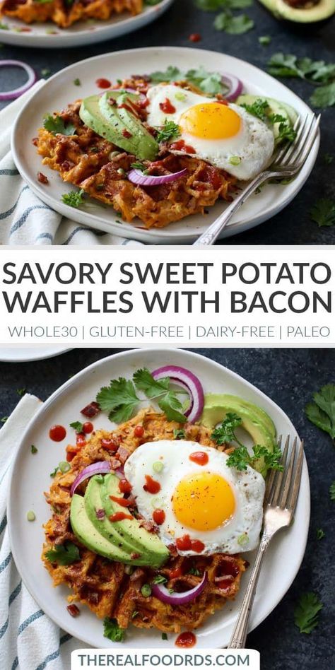 Rp Recipes, Dairy Free Waffles, Savory Sweet Potato, Sweet Potato Bacon, Paleo Waffles, Bacon Waffles, Whole30 Breakfast, Potato Bacon, Real Food Dietitians