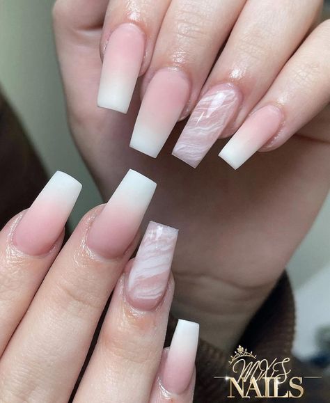 Ombre Nails With Marble Design, Pink And White Marble Acrylic Nails, Ombre With Marble Nails, Ombre And Marble Nails, Acrylic Marble Nails, Matte Marble Nails, Nail Ideas Marble, Pink And White Marble Nails, Marble Ombre Nails Acrylic