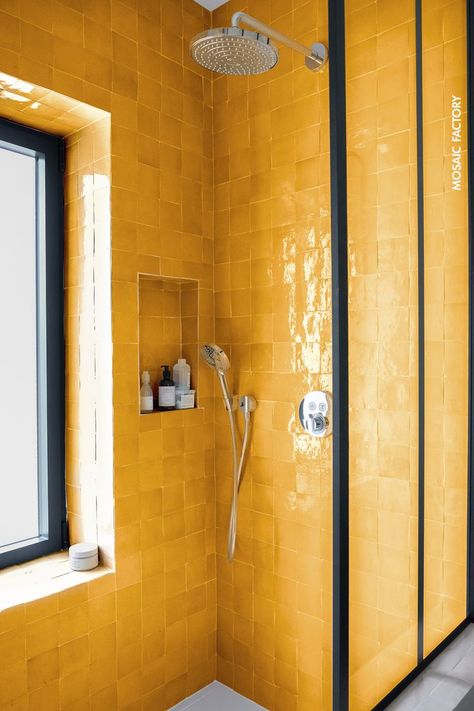 Yellow Tiled Bathrooms, Yellow Shower Tile, Yellow Tiles Bathroom, Ochre Bathroom, Bathroom Tiles Vintage, Bathroom Yellow Tile, Zellige Bathroom, Yellow Tile Bathroom Ideas, Yellow Bathroom Ideas