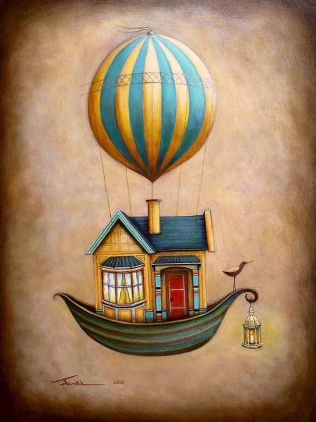 Hot Air Balloons Art, House Of Dreams, Vintage Hot Air Balloon, Whimsical Paintings, House Drawing, Balloon Art, Naive Art, Hot Air Balloons, Air Balloons