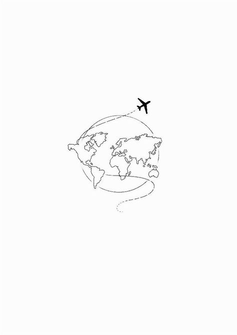 Small World Map Tattoo, World Map Fine Line Tattoo, World Outline Tattoo, Tiny Globe Tattoo, Plane Around The World Tattoo, Plane Outline Tattoo, Fine Line Earth Tattoo, Fine Line World Tattoo, Immigration Tattoo