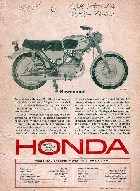 This is the back cover of the December, 1964 issue of " Cycle World " magazine. My first introduction to the "New" Honda CB160, it was love at first sight! I kept this magazine all these years thinking that one day I would be a proud owner of this beautiful machine, after 50 + years my dream came true! The telephone numbers were for girl friends at that time. Girl Friends, New Honda, Old Bikes, My Dream Came True, Honda Cb, Love At First, Love At First Sight, My Dream, Back Cover