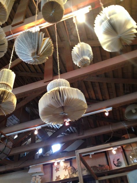 Hanging books inside out World Library, Tea Stains, Book Pages, Old World, Lamp Light, Life Is Good, Ceiling Lights, Hotel, Home Decor