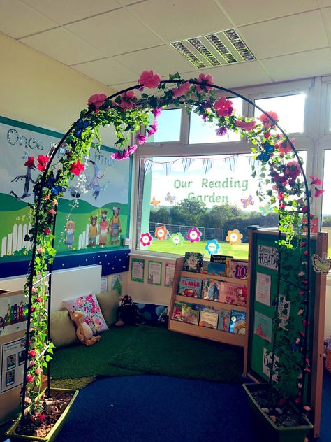 #eyfs #reception #classroom #reading Reading Corner Eyfs Classroom, Reading Areas Eyfs, Reading Garden Book Corner, Reading Garden Eyfs, Eyfs Reading Corner, Reception Classroom Ideas Layout, Fairy Classroom Theme, Garden Reading Corner, Reading Garden Classroom