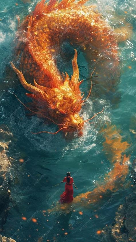 Premium Photo | A person standing in the water next to a dragon Dnd Painting Ideas, Water Dragons, Dragon Photo, Water Dragon Art, Water Dragon Drawing, Korean Dragon, Chaos Dragon, Fiery Dragon, Beneath The Sea