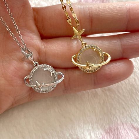 Trendy Moon-shaped Necklace For Gift, To The Moon And Saturn, The Moon And Saturn, Moon And Saturn Necklace, Saturn Pearl Necklace, Moon And Saturn, Saturn Jewelry, Silver Saturn Necklace, Saturn Necklace