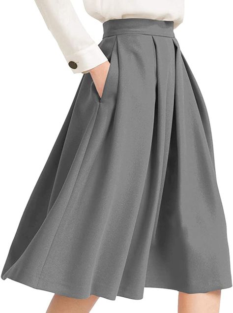 Yige Women's High Waisted A line Skirt Skater Pleated Full Midi Skirt Grey US2 at Amazon Women’s Clothing store Elegant Skirt Outfits, High Waisted A Line Skirt, A Line Skirt Outfits, Prom Skirt, Grey Pleated Skirt, Midi Skirt With Pockets, Business Skirt, Full Midi Skirt, Formal Skirt