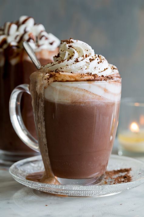 Hot Chocolate shown here in a glass mug with whipped cream and chocolate shavings on top Fall Filter, Winter Beverages, Best Hot Chocolate Recipes, Canned Pumpkin Recipes, Hot Chocolate Recipe Homemade, Dragon Drawings, Vegan Hot Chocolate, App Filter, Pumpkin Recipes Easy