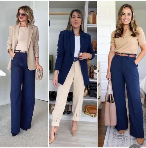 Navy Professional Outfits Women, Beige And Navy Blue Outfit, Styling Navy Blue Pants, Blue Work Pants Outfit, Navy And Beige Outfit, Outfit Blazer Azul Marino, Navy Blue Pants Outfit Women, Navy Blazer Outfit Women Work, Beige And Blue Outfit