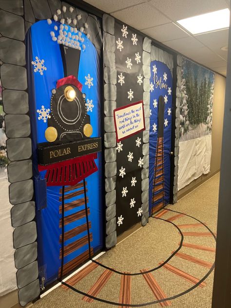 Holiday Classroom Doors, Winter Door Decorations Classroom, Polar Express Christmas Party, Hallway Decorations, Classroom Christmas Party, Christmas Hallway, Diy Christmas Door Decorations, Door Decorations Classroom Christmas, Holiday Door Decorations