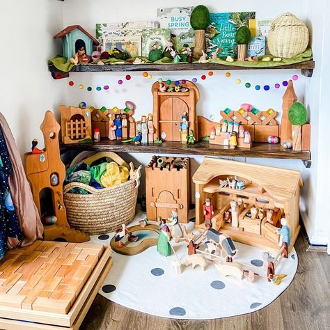 Tiny Playroom, Playroom Village, Spring Small World Play, Organize A Playroom, Playroom On A Budget, Playroom Seating, Wooden Train Set Storage, Waldorf Toy Shelf, Waldorf Playroom