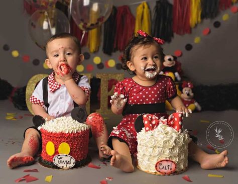 First Birthday Twins, Mickey Mouse Cake Smash, Mickey Mouse Smash Cakes, Twin Ideas, Mickey Birthday Cakes, Mickey Mouse Birthday Theme, Birthday Twins, Minnie Mouse Birthday Theme, Mickey And Minnie Cake