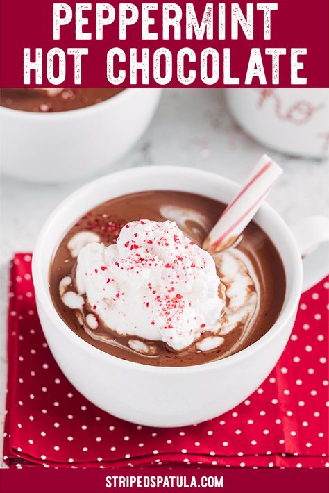 See how easy it is to make homemade Peppermint Hot Chocolate! This recipe is great for parties and you can spike it with alcohol (peppermint schnapps) for the adults. It’s the ultimate cold weather treat! #hotchocolate #hotchocolaterecipes #peppermint #peppermintrecipes #winterrecipes Cocoa Mix Recipe, Peppermint Hot Chocolate Recipe, Alcohol Chocolate, Peppermint Schnapps, Hot Cocoa Mix Recipe, Peppermint Recipes, Peppermint Hot Cocoa, Peppermint Hot Chocolate, Candy Drinks