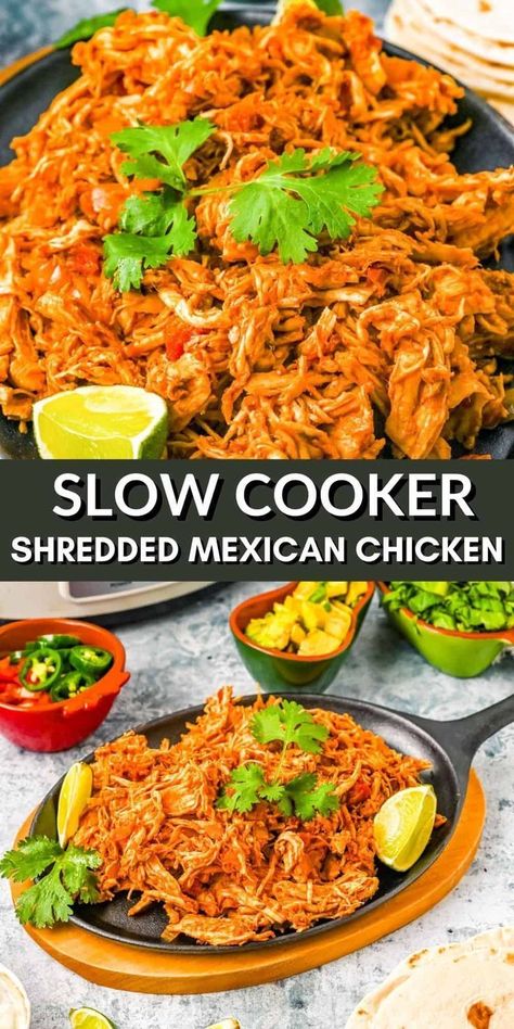 With delicious flavors and many ways to serve, this Slow Cooker Shredded Mexican Chicken is a staple menu item for so many different recipes. The chicken is cooked low and slow making it tender and marries the flavors together so well that just eating it plain is 100% a viable option. This Shredded Mexican Chicken is just one of those recipes that you will be coming back for tacos, burritos, taquitos, and more. This is a great crockpot recipe that makes main dishes, appetizers, and sides! Mexican Chicken Breast Recipes, Chicken Thigh Casserole, Shredded Mexican Chicken, Crockpot Mexican Chicken, Chicken Breast Dishes, Slow Cooker Mexican Chicken, Shredded Chicken Crockpot, Slow Cooker Barbacoa, Mexican Shredded Chicken