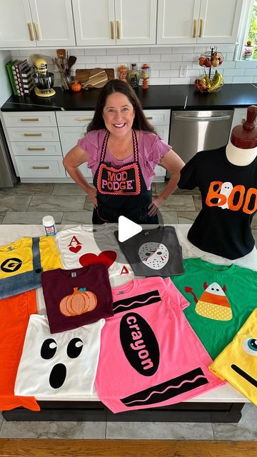 Handmade Happy Hour on Instagram: "10 No Sew & No Cricut Halloween Costume T-shirts to make with Fabric Mod Podge. You can get tees and Fabric Mod Podge at @michaelsstores 🎃  #halloween #halloweencostume #tshirts #halloweentshirt #modpodge #spookyseason #halloweendiy #groupcostume   Halloween I Halloween Costume I DIY Halloween I no sew I Easy Halloween Costume Ideas" Crazy Shirt Day Ideas, Diy Halloween Tshirt Ideas, Diy Halloween Shirts For Kids, Tshirt Costume Ideas, Cricut Halloween Costume, Halloween Tshirt Ideas, Easy Halloween Costume Ideas, Tshirt Halloween Costumes, Diy Halloween Shirts