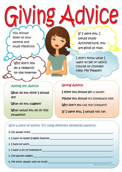 Giving advice - English ESL Worksheets for distance learning and physical classrooms Giving Advice Worksheet, Celpip Speaking, English Conversation Worksheets, Conversation For Kids, Values Clarification, English Vocabulary List, English Conversation For Kids, Speaking Activities Esl, Speaking Activities English