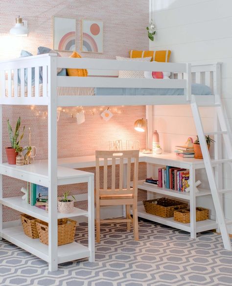 We're in love with this loft bed! 😍⁠ .⁠ Our Twin-Size High Loft Bed with Wraparound Desk & Shelves is the solution to your little one's sleep, study, and storage needs. The cozy bed, large desk, and shelves for supplies create the perfect combo. This solid wood bed comes in beautiful neutral finishes that look great with fun themes and colorful decor. Create the cutest sleep and study corner with our loft beds with desks. Click the link in our bio to check out all of our cool loft beds!⁠ .⁠ #... Kids Room Loft Bed, Kids Loft Bed Ideas, Girls Bedroom With Loft Bed, Dubai Bedroom, Victoria Bedroom, Bed Ideas For Small Rooms, Loft Bed Ideas For Small Rooms, Loft Bed Ideas, High Loft Bed