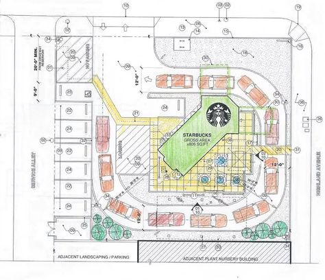 Restaurant Design Plan, Cafe Floor Plan, Mechanic Shop Decor, Drive Thru Coffee, La Sign, Donut Store, Resturant Design, Container Restaurant, Restaurant Plan