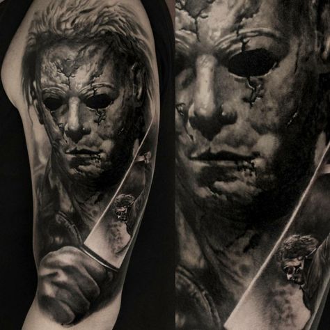 Micheal Myers Tattoo, Horror Leg Sleeve, Freddy Krueger Tattoo, Michael Myers Tattoo, Myers Tattoo, Horror Sleeve, Tattoos Chest, Tattoo Halloween, Horror Movie Tattoos