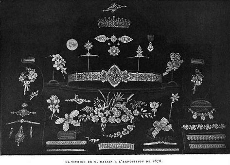 A display of jewels given to Louise, Princess Royal, eldest daughter of the future Edward VII and Alexandra, when she wed Alexanderf Duff, 1st Duke of Fife. The massive diamond Fife tiara is at the top, but there are also two bandeau aigrettes futher down the page. Fife Tiara, Bandeau Tiara, Sapphire Tiara, British Nobility, Alexandra Of Denmark, Royal Crown Jewels, Princess Louise, Tiaras Jewellery, Fairy Crown