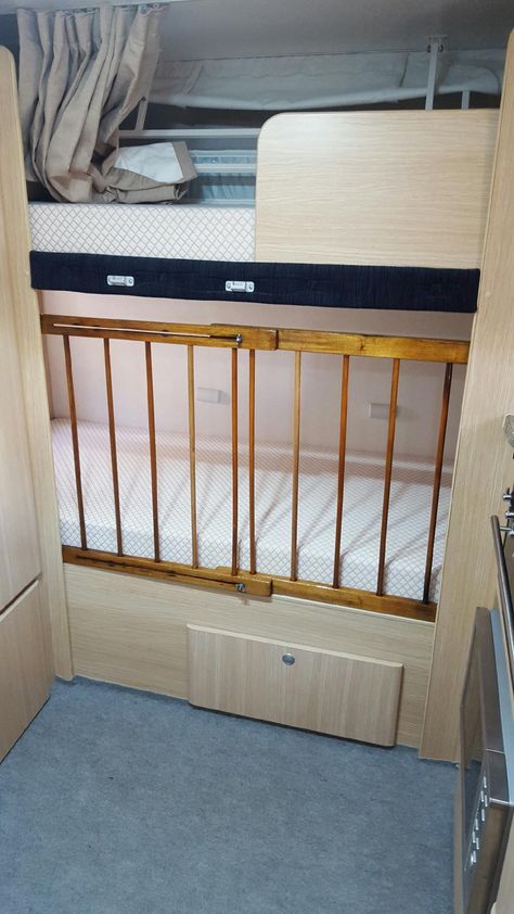 14' Series - Setting up bunks for babies | Expandas Downunder Add Bunks To Camper, Crib In Camper, Rv Crib Ideas, Camper Bunk Bed Rails, Rv Bunk Bed Rails, Rv Beds, Caravan Bed, Caravan Bunk Beds, Bunk Bed Rail