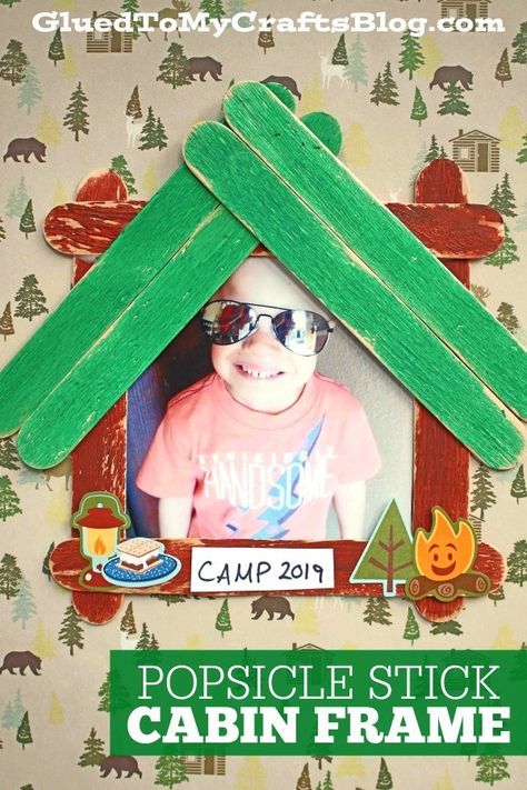 Popsicle Stick Cabin Picture Frame - Kid Craft - Summer Camp Keepsake Idea - Craft Stick Wood Cabin Frame Popsicle Stick Picture Frame, Tent Craft, Camping Crafts For Kids, Art Parties, Cabin Crafts, Picture Frame Crafts, Summer Camp Crafts, Cabin Art, Vbs Crafts