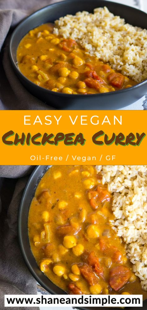 A delicious Easy Vegan Chickpea Curry recipe made with savory Indian spices. One pot and ready in 10 minutes. Naturally vegan, oil-free, and low in fat. Easy Chickpea Curry, Vegan Chickpea Curry, Chickpea Curry Recipe, Vegan Curry Recipes, Vegan Chickpea, Vegan Curry, Chickpea Recipes, Oil Free Vegan, Chickpea Curry