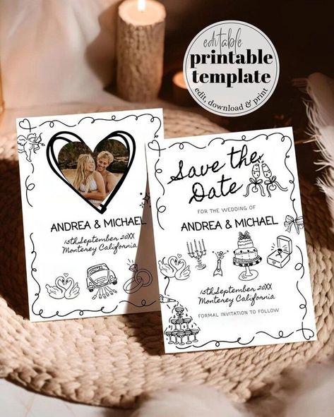 Get ready to spread the joy with our hand-drawn, funky save the date template! Featuring whimsical wavy frames and quirky doodles, this easy-to-edit design is perfect for your upcoming wedding. Just download, personalize, and print for a unique, fun touch to your special day. Don't miss out on this whimsically crafted invitation that will set the perfect tone for your celebration! Funky Wedding Invitations, Funky Doodle, Doodle Wedding, Illustrated Invitations, Save The Date Invite, Fun Invitation, Handwritten Wedding, Doodle Frames, Hand Drawn Wedding