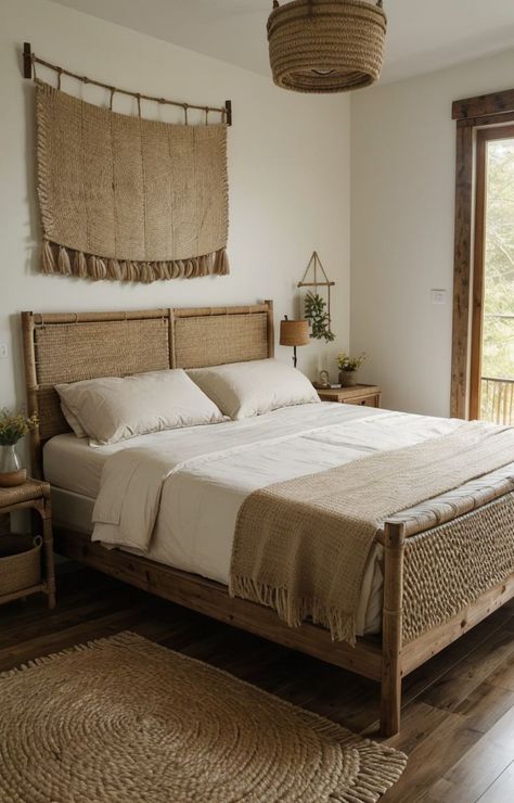 Create an earthy home aesthetic in your bedroom by incorporating a wooden platform bed and accessorizing with natural materials such as rattan baskets and jute rugs. Add a touch of bohemian charm with macrame wall hangings and dried flowers for a calming and rustic atmosphere. Earthy Home Aesthetic, Rattan Baskets, Macrame Wall Hangings, Earthy Home, Wooden Platform Bed, Jute Rugs, Home Aesthetic, Rattan Basket, Cozy Chic