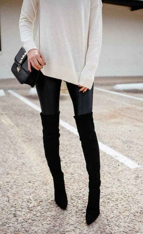 Black Over The Knee Boots Outfit, Over The Knee Boot Outfit, New Fashion Clothes, Leggings Outfit Fall, Bota Over, Leather Over The Knee Boots, Winter Boots Outfits, Knee Boots Outfit, Look Legging