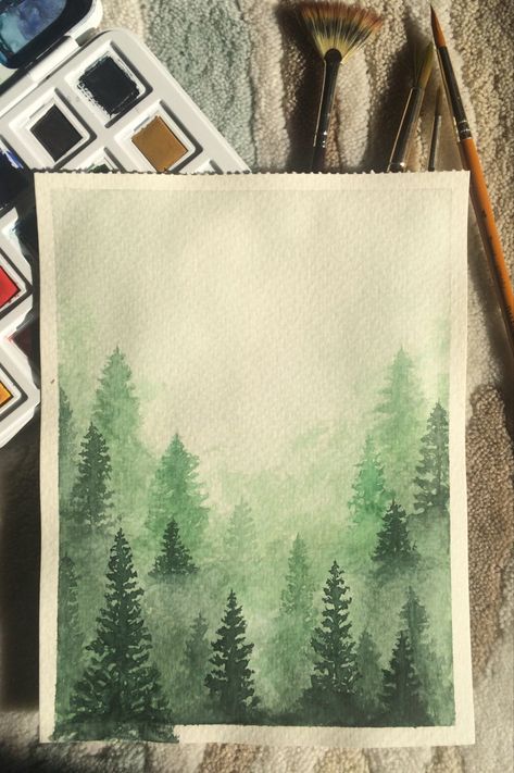 Easy Forest Watercolor, Tree Watercolor Painting Simple, Easy Painting Ideas On Canvas Green, Easy Green Painting Ideas, Forest Watercolor Painting Easy, Easy Forest Drawings, Simple Forest Painting, Simple Forest Drawing, Forest Drawing Simple