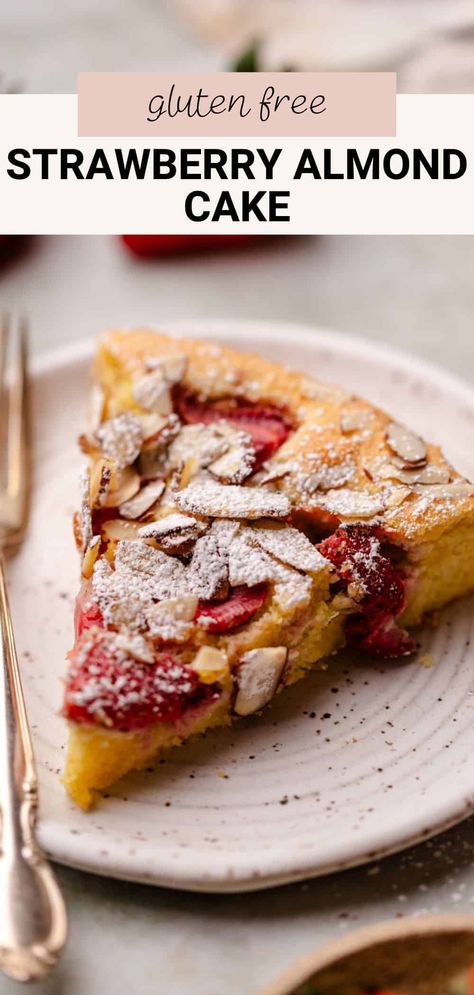 This strawberry almond cake is a gluten free, flourless cake that is perfect for Spring and Summer. It also doesn't have leaveners, making it perfect for Passover! It's made with local fresh strawberries that pair perfectly with almond flour and almond extract. It has a sweet yet tart flavor and comes together in under 40 minutes! Almond Flour Raspberry Cake, Strawberry Almond Cake, Gluten Free Strawberry Cake, Loaf Breads, Strawberry Almond, Flourless Cake, Almond Extract, Almond Flour Recipes, Raspberry Cake