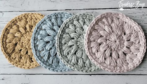 Easy Crochet Puff Coaster Free Pattern - Traversebaycrochet.com Crochet Octagon, Crochet Washcloths, Easy Beginner Crochet Patterns, Baby Booties Free Pattern, Creativity Ideas, Crochet Dreamcatcher, Crochet Neck Warmer, Crochet For Beginners Blanket, Crochet Coaster Pattern