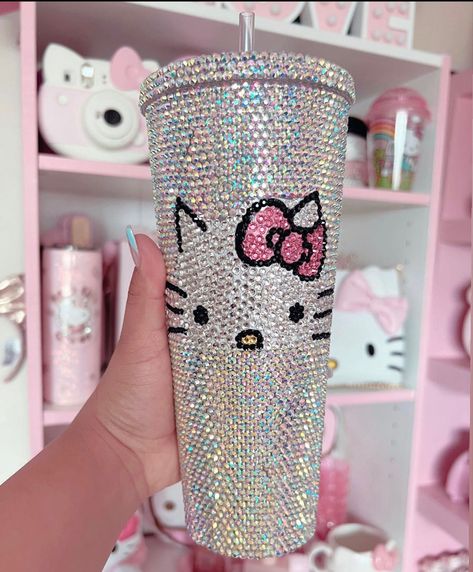 Bling Cup Ideas, Blinged Tumblers, Blinged Cups, Hello Kitty Tumbler, Rhinestone Cup Ideas, Things To Rhinestone, Bedazzled Cup, Hello Kitty Bedazzled Cup, Hello Kitty Rhinestone Cup