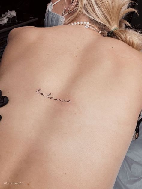 Woman Libra Tattoo, Balance Cursive Tattoo, Balance Back Tattoo, Balance Tattoo Word, Balance Tatoos, Cursive Back Tattoo, Fineline Word Tattoo, Belle Ame Tattoo, Balance Tattoos