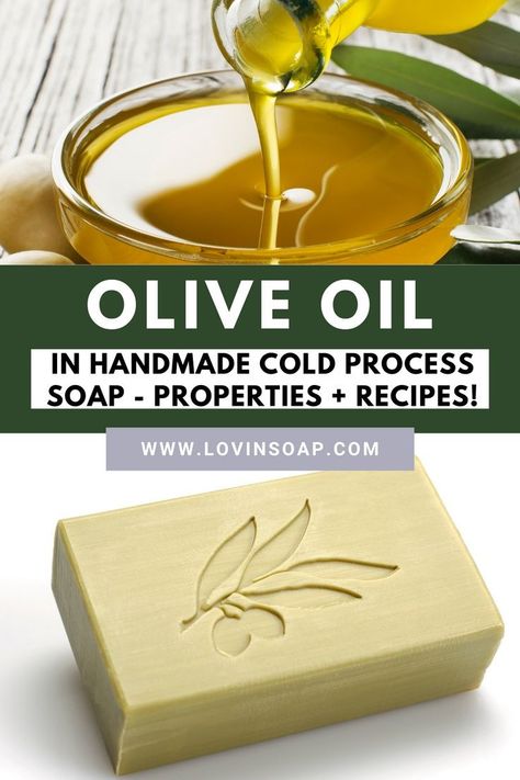 Learn about Olive Oil in Handmade Cold Process Soap – Its Properties + some DIY Soap Recipes on the blog! Olive oil has been used as a cosmetic and soap ingredient for thousands of years. In today’s soap making, olive oil, botanical name Olea Europaea (Olive) Oil, helps to produce a moisturizing creamy rich lather. Head to the blog to learn all about it! Happy Soap Making! Diy Olive Oil Soap, How To Make Olive Oil Soap, Olive Oil Soap Recipe Cold Process, Olive Oil Melt And Pour Soap Recipes, Soap Recipes Cold Process, Beeswax Soap Recipe, Coconut Oil Soap Recipe, Olive Oil Soap Recipe, Natural Soap Making Recipes