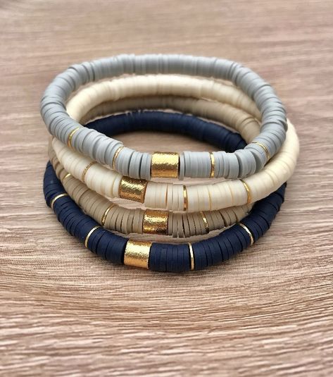 Heishi Jewelry, Neutral Bracelets, Stackable Beaded Bracelets, Clay Bracelets, Gold Bar Bracelet, Homemade Bracelets, Beaded Jewelry Bracelets, Preppy Jewelry, Wedding Bracelets