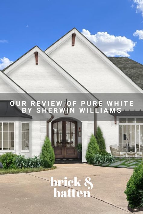 If you’re looking for a soft white with subtle undertones, Pure White by Sherwin Williams might be the shade for you. This chameleon-like color will instantly update any home. Learn all about Pure White and why we love using it on home exteriors: https://bit.ly/4anNqmN Sherwin Williams Pure White Exterior Paint, Pure White Exterior House, Sw Pure White Exterior, Eider White Sherwin Williams Exterior, Pure White Sherwin Williams Exterior, White Exterior Paint Colors For House, White House Exterior Colors Schemes, White Ranch House Exterior, Pure White Exterior