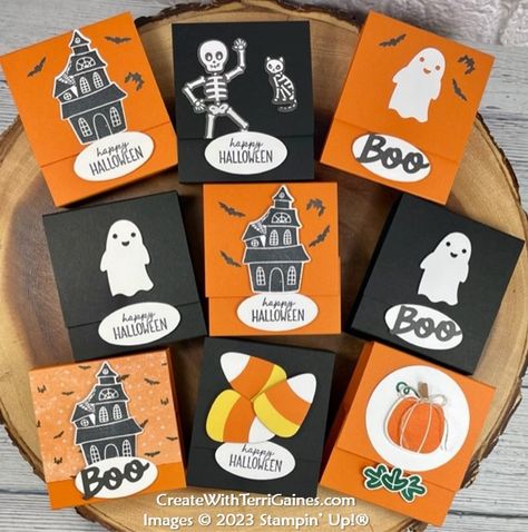 Stampin Up Halloween Treats, Stampin Up Treat Boxes Tutorials, Halloween Treats Box Ideas, Halloween Treat Holders Diy, Cricut Halloween Treats, Halloween Treat Holders To Make, Stampin Up Halloween Treat Holders 2023, Paper Craft Treat Holders, Stampin Up Halloween Treat Boxes