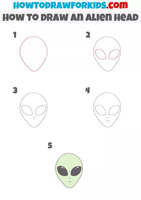 How to Draw an Alien Head - Easy Drawing Tutorial For Kids Psychadelic Easy Drawing, How To Draw A Cute Alien, How To Draw An Alien Step By Step, How To Draw Alien, Easy Trippy Things To Draw Step By Step, Alien Painting Easy, Easy Alien Drawings, Alien Drawing Sketches, Alien Drawing Easy