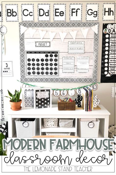 Looking for the perfect classroom decor theme? Check out this simple, modern farmhouse decor resource, perfect for elementary, middle, or even high school classrooms! Click the picture to see all the pieces included! #classroomdecor #modernclassroom #farmhouseclassroomdecor Farmhouse Classroom Decor Elementary, Modern Farmhouse Bulletin Board, Classroom Decor Blue, Black And White Classroom Theme, Boho Farmhouse Classroom, Classroom Decor Farmhouse, Modern Farmhouse Classroom Decor, Modern Farmhouse Classroom, Farmhouse Classroom Decor