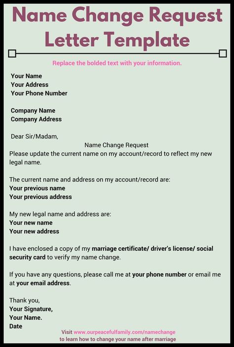 Use this name change request letter template to notify appropriate companies about your new name. Replace the bolded text with your information. #Namechangerequest #letter #Name #change #After #Marriage #Template Wedding Name Change, Marriage Name Change, Name Change Checklist, Holy Matrimony, Wedding Plan, After Marriage, Name Change, Dear Future, Wedding Planning Advice