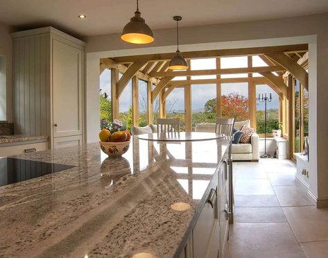 Inspirational Oak Framed Extensions & Buildings - David Salisbury Farm Bungalow, Oak Extension, Orangery Interior, Duck Egg Blue Kitchen, Bungalow Extension, Stable Conversion, Extension Kitchen, Oak Framed Extensions, Bungalow Extensions