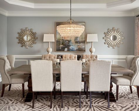 20 Beautiful Transitional Style Dining Room Ideas Dining Room Wall Mirrors, Formal Dining Room Accent Wall, Large Mirror Dining Room, Dining Room Mirror Decor, Transitional Style Dining Room, Formal Dining Room Decor, Artistic Interior, Sunburst Mirrors, Dining Room Layout