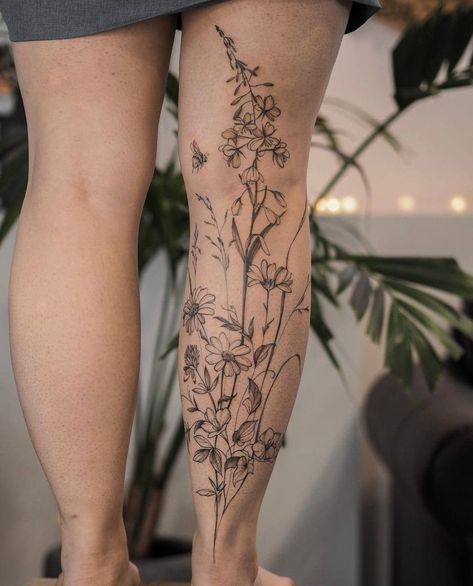 Aesthetic Floral Sleeve Tattoo, Floral Leg Piece Tattoo, Black And Grey Floral Leg Sleeve, Vines Going Up Leg Tattoo, Flower Leg Piece Tattoo, Wild Flower Tattoo Leg, Full Leg Vine Tattoos For Women, Garden Tattoo Thigh, Leg Garden Tattoo