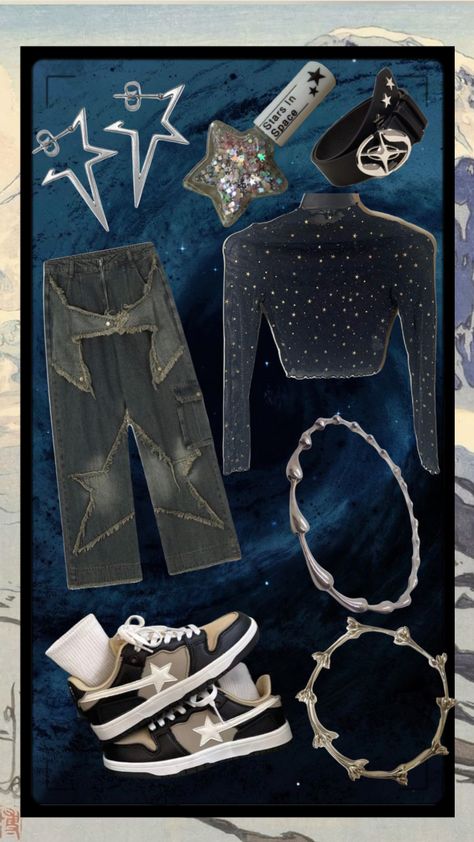 #fashion #dark #silver #silveraesthetic #blue #star #stars #spaceaesthetic #space #outfitinspo #darkblue Astroacademia Outfits, Space Punk Fashion, Space Acedamia Outfits, Space Core Outfits, Astronomy Outfit, Space Outfit Aesthetic, Spacecore Fashion, Spacecore Outfits, Space Themed Outfits