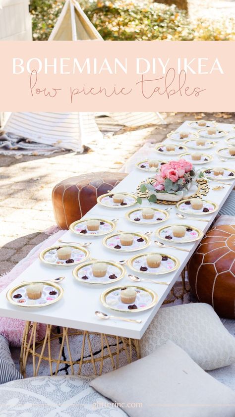 Costume Party Birthday - DIY Bohemian IKEA Low Picnic Tables - GLITTERINC.COM Diy Ikea Picnic Table, Diy Low Picnic Table Ikea, Diy Picnic Table Low, Diy Picnic Table Easy, Ikea Picnic Table Hack, Diy Low Table For Kids Party, Diy Floor Table Party, Diy Kids Table For Party, Low Table Diy