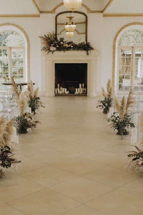 Pampas Grass Floral Arrangements, Grass Floral Arrangements, Wedding Aisles, Northbrook Park, Wedding Fireplace, Wedding Isles, Aisle Flowers, Grass Wedding, Winter Wedding Flowers